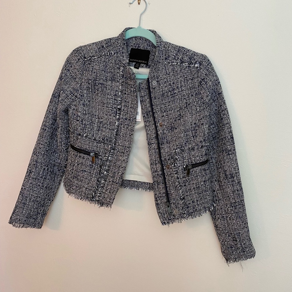 Petite 00 Tweed blazer Moto style jacket navy and white